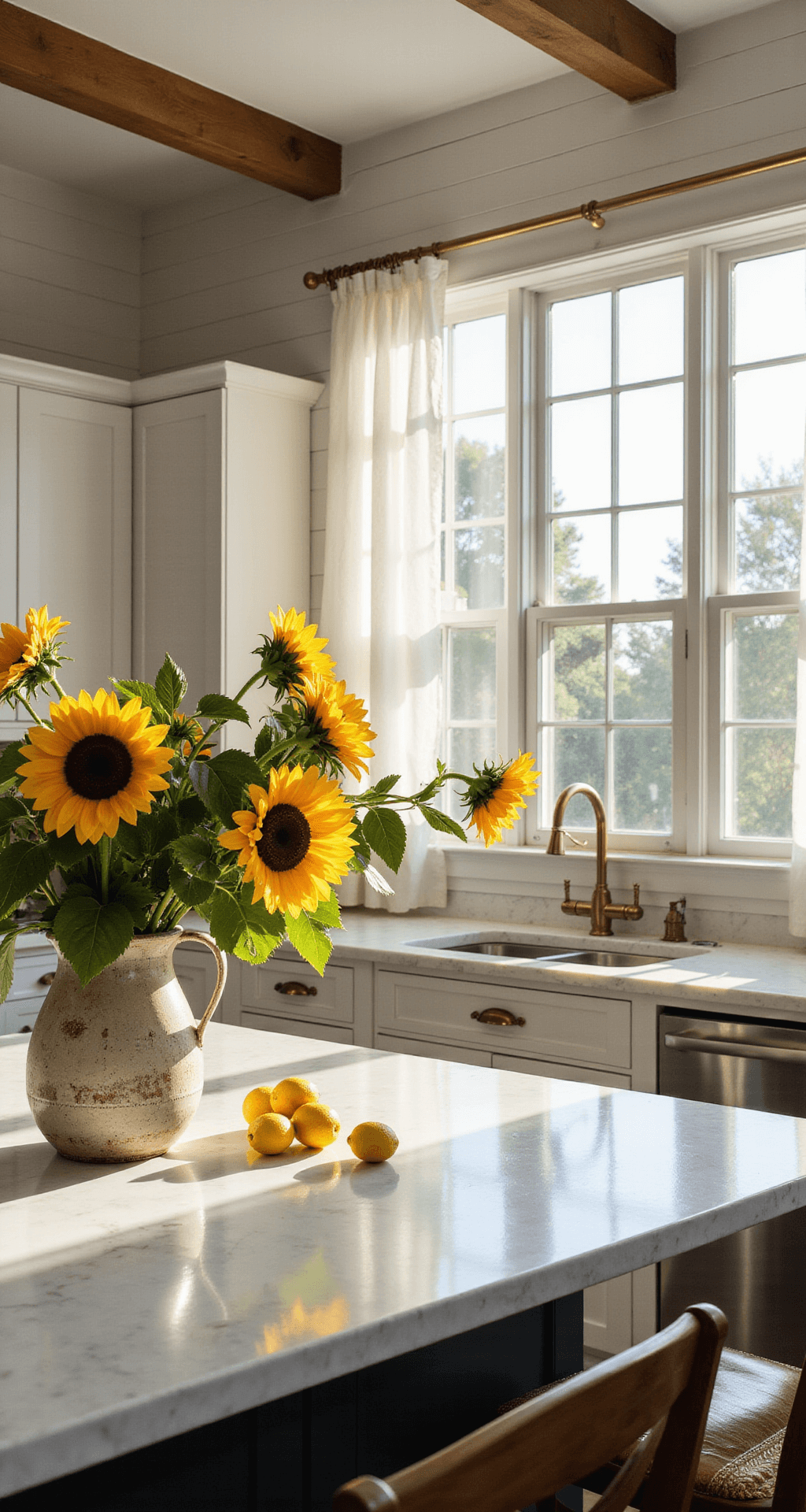 A sun-drenched modern farmhouse kitchen featuring white shiplap walls, soaring ceilings, and a marble-topped island. Fresh sunflowers in a ceramic vase and scattered lemons highlight the space, with white Shaker cabinets and brass hardware visible. Breezy linen curtains flutter by large windows letting in golden morning light, shot from a low angle to emphasize depth.