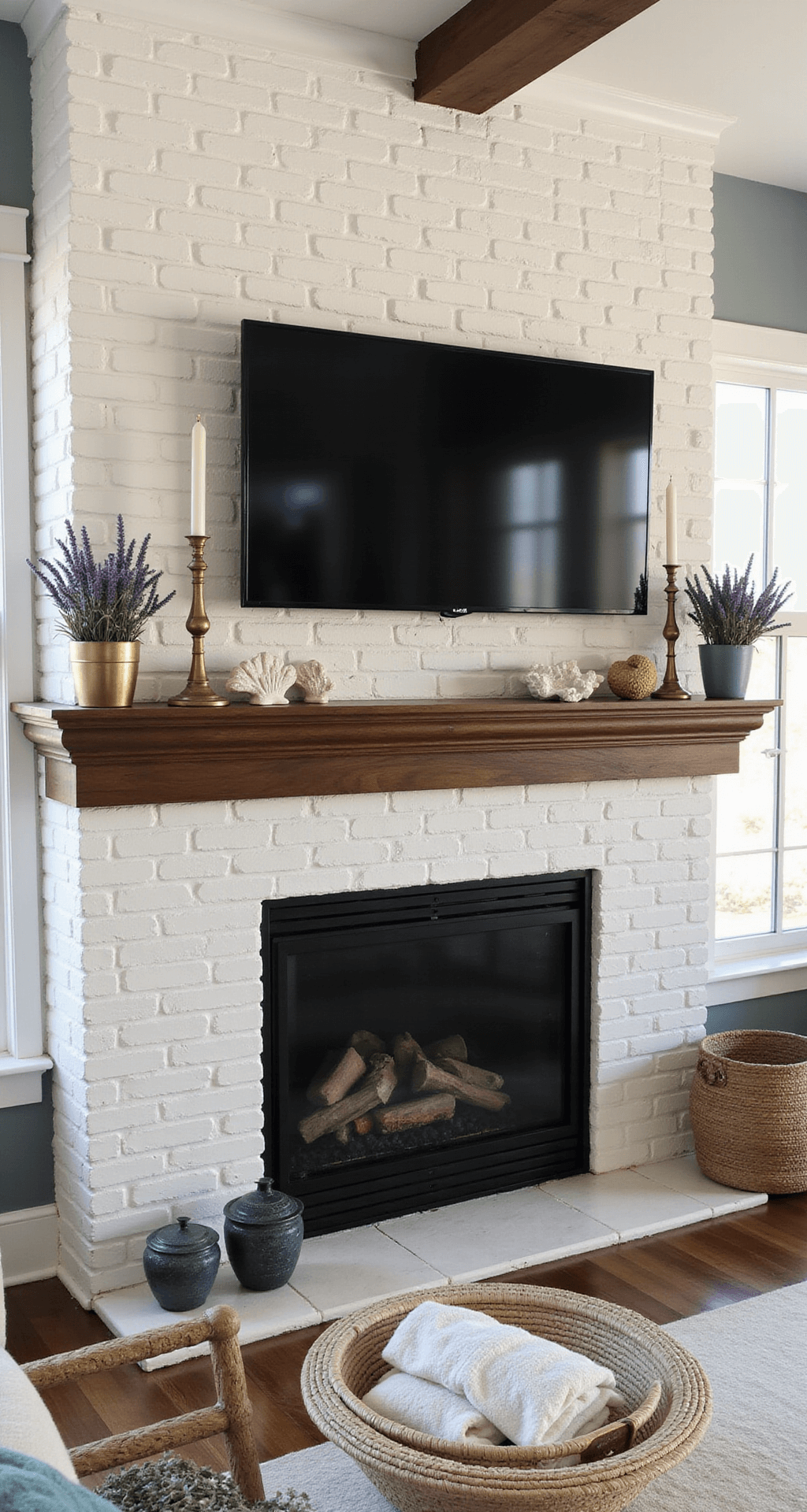 Interior view of a contemporary farmhouse living room showcasing a white brick fireplace with a dark walnut mantle and a hidden TV, bathed in golden hour light, featuring vintage brass candlesticks, potted lavender, and whitewashed coral, contrasted by natural fiber textures and a palette of soft coastal blues and sandy neutrals.