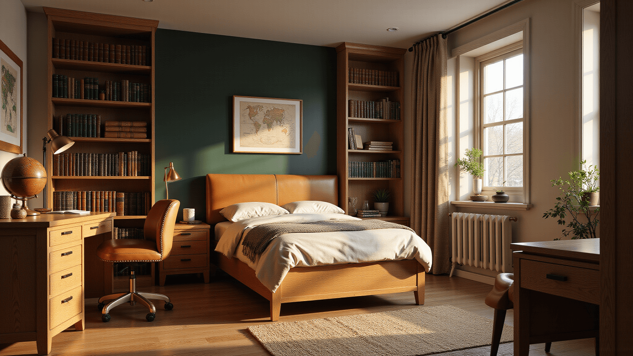 A sophisticated teenage boy's bedroom featuring a dark hunter green accent wall, twin XL bed with a cognac leather headboard, oak desk under a vintage brass lamp, and floor-to-ceiling oak bookshelves filled with leather-bound books and antique maps, all illuminated by warm golden hour light.