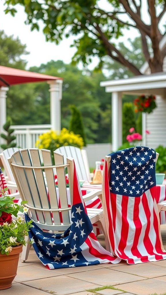 Two chairs draped with American flags in a festive outdoor setting.
