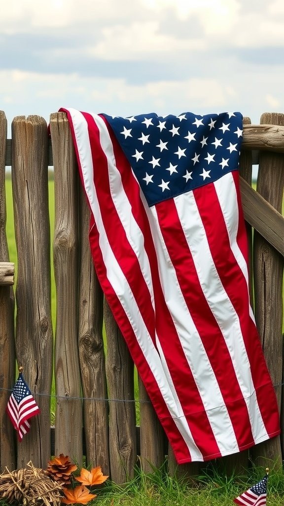 An American flag draped over a rustic wooden fence, with small American flags and autumn leaves nearby.