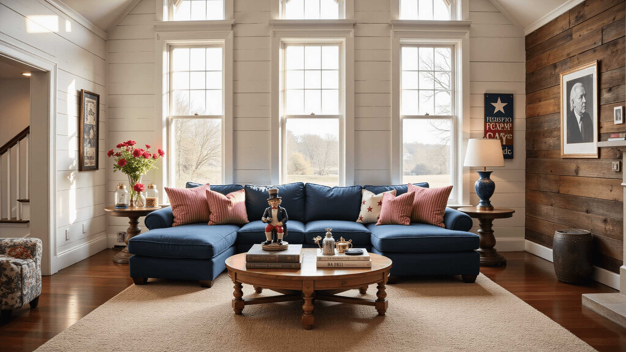 A sunlit Americana-themed living room featuring vaulted white-washed ceilings, a navy blue sectional sofa with star-spangled pillows, rustic decor, and vintage memorabilia, all captured in warm golden hour light.