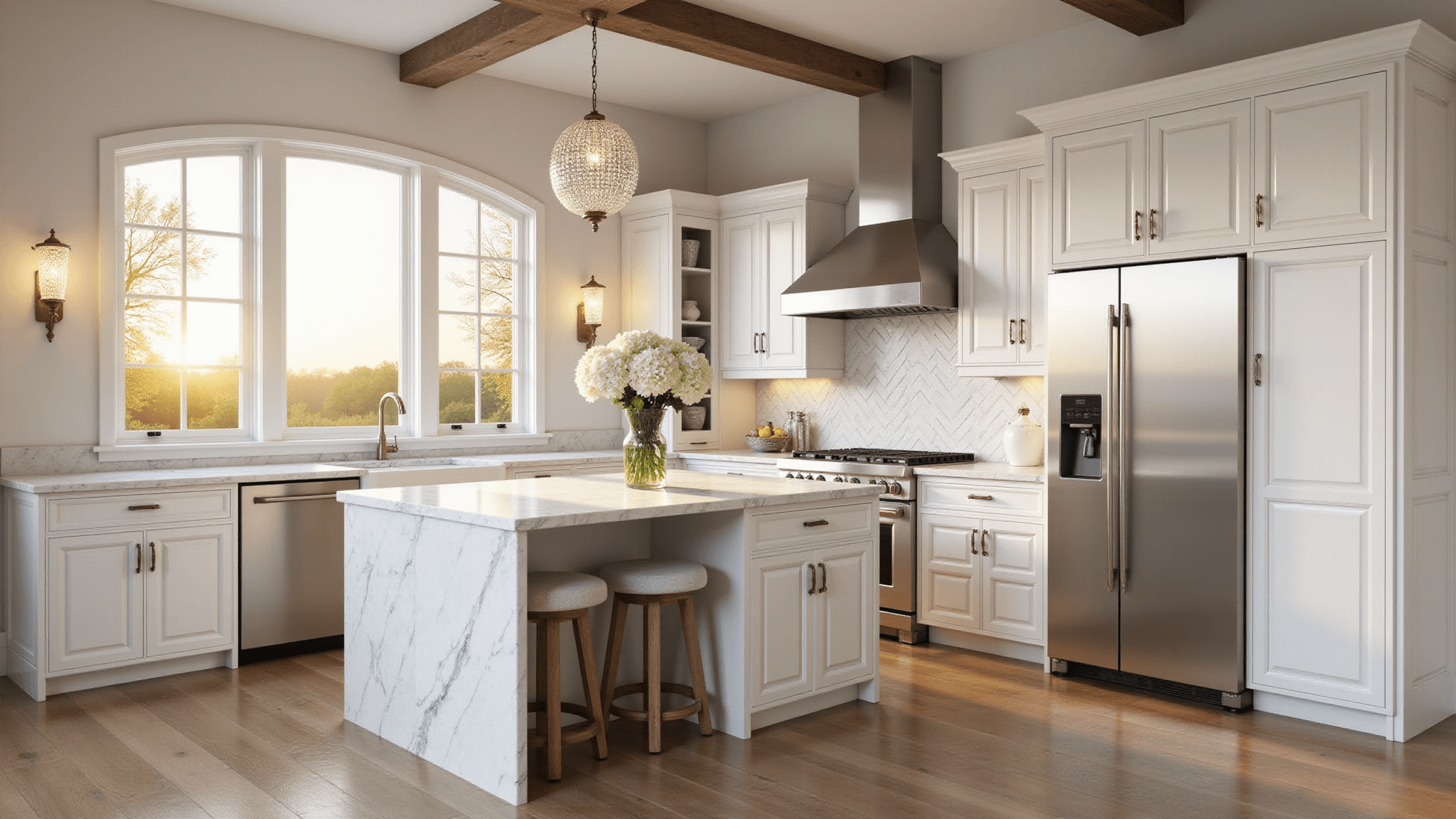 Elegant kitchen featuring antique white Shaker cabinets, Carrara marble waterfall island, and wide plank European oak flooring, illuminated by golden hour sunlight through arched windows.
