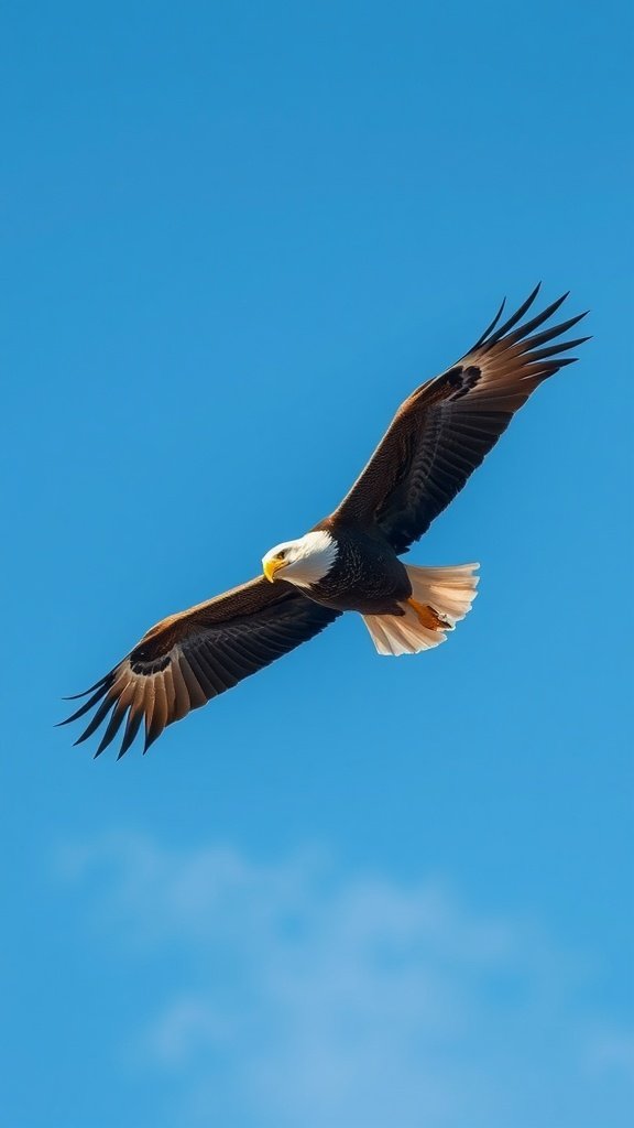 Bald eagle flying in a clear blue sky