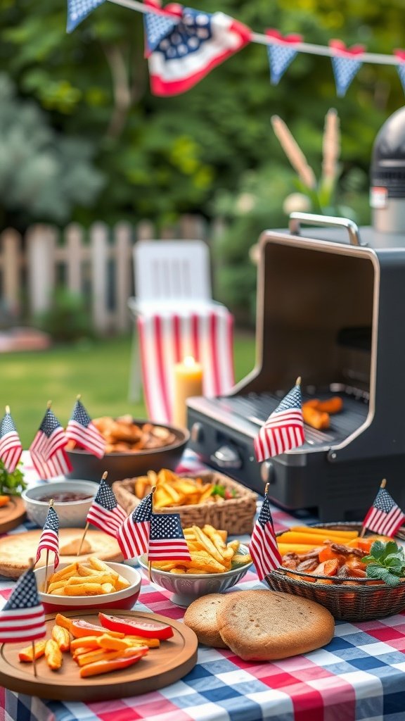 A barbecue celebration with American flags, featuring a variety of food on a picnic table.