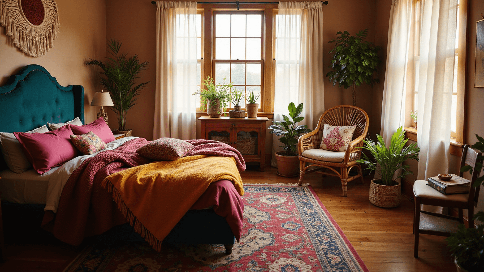 A sun-drenched boho bedroom featuring a deep teal velvet king bed layered with fuchsia silk and saffron throws, framed by gauzy white curtains and a vintage Persian rug in jewel tones, accented by a macramé wall hanging and a rattan peacock chair, all captured in warm golden hour light with rich details and textures.
