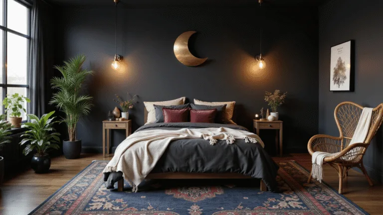 Moody bohemian bedroom featuring black matte walls, a king-sized platform bed with charcoal linen bedding and cream silk throws, vintage rattan peacock chair, oversized brass moon phase wall art, and intricate Moroccan lanterns, all captured in warm twilight ambiance.