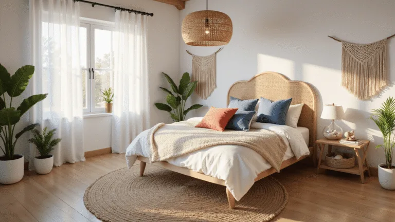 Photorealistic interior shot of a serene coastal boho bedroom featuring a whitewashed rattan headboard, layered white linen bedding, mismatched pillows, warm golden hour sunlight, and natural textures, captured with shallow depth of field.
