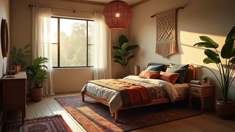 Photorealistic boho chic bedroom bathed in golden hour light, featuring a vintage brass bed with vibrant textiles, macramé wall art, layered Persian rugs, and lush greenery, captured with soft bokeh effect.