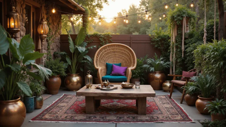A luxurious bohemian patio at golden hour featuring a rattan peacock chair with emerald and purple cushions, a weathered teak coffee table with brass lanterns, and layered Persian and jute rugs. Lush plants in metallic and terracotta planters, vintage string lights, and a copper fire pit complete the atmospheric setting.