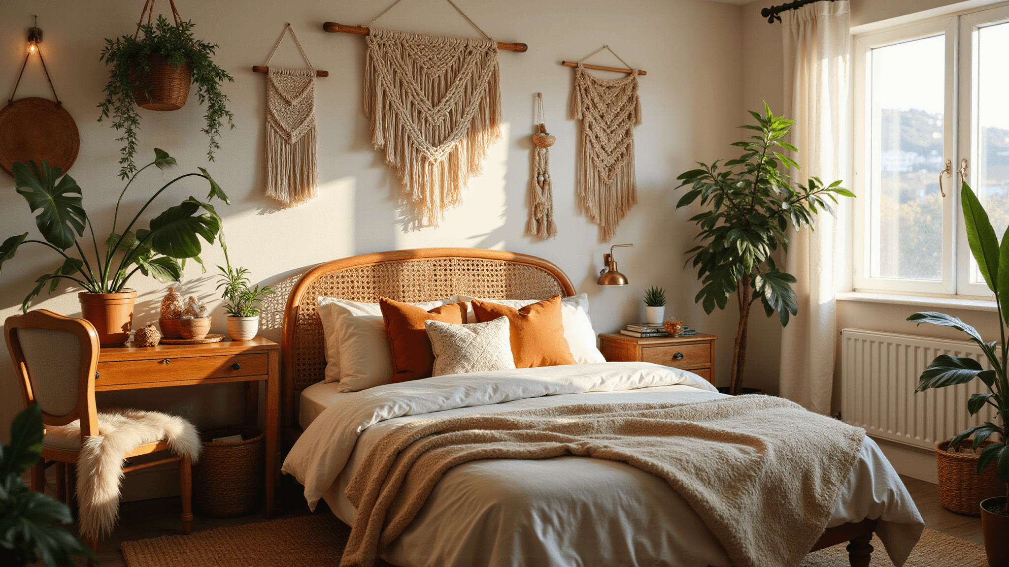 Cinematic golden-hour photograph of a dreamy boho teen bedroom featuring a rattan platform bed, soft textiles, macramé wall hangings, potted plants, a vintage desk with a peacock chair, string lights, and earth tone color palette.