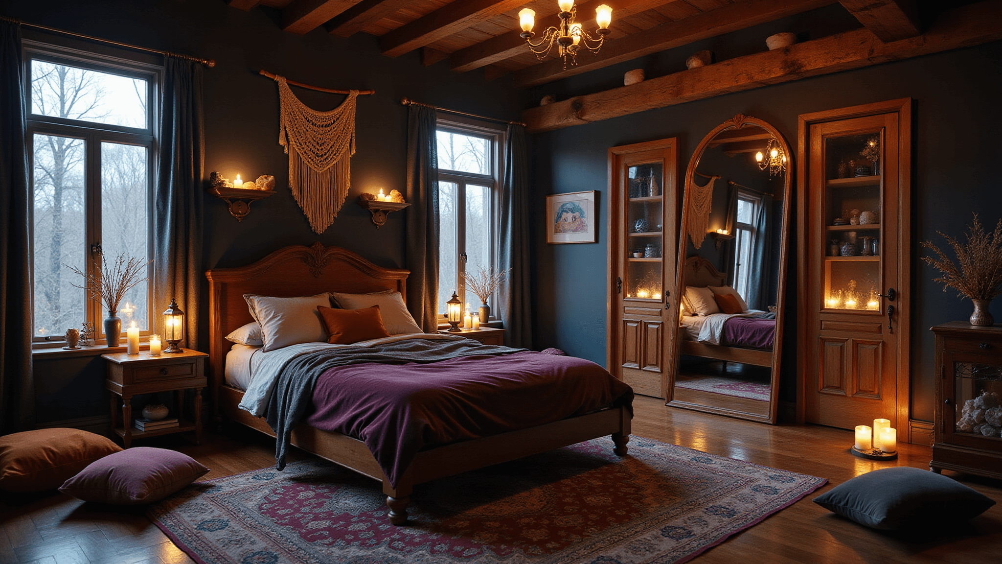 A moody, twilight bedroom featuring a queen-sized bed with layered plum velvet and silver silk bedding, ambient lighting from brass lanterns and candles, a macramé wall hanging, vintage Persian rugs, crystals on copper shelves, and a meditation corner with oversized velvet cushions, all illuminated with golden hour lighting.