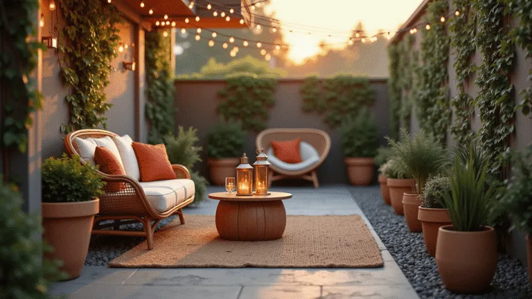 Cinematic wide-angle shot of a transformed patio at sunset, featuring a vintage rattan loveseat, layered textures, warm lighting, terracotta planters, and glowing string lights, creating an inviting outdoor living space.