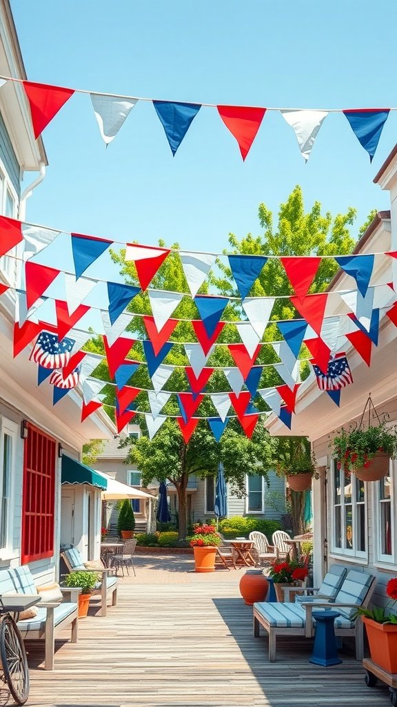 A street decorated with red, white, and blue bunting and flags for the 4th of July.