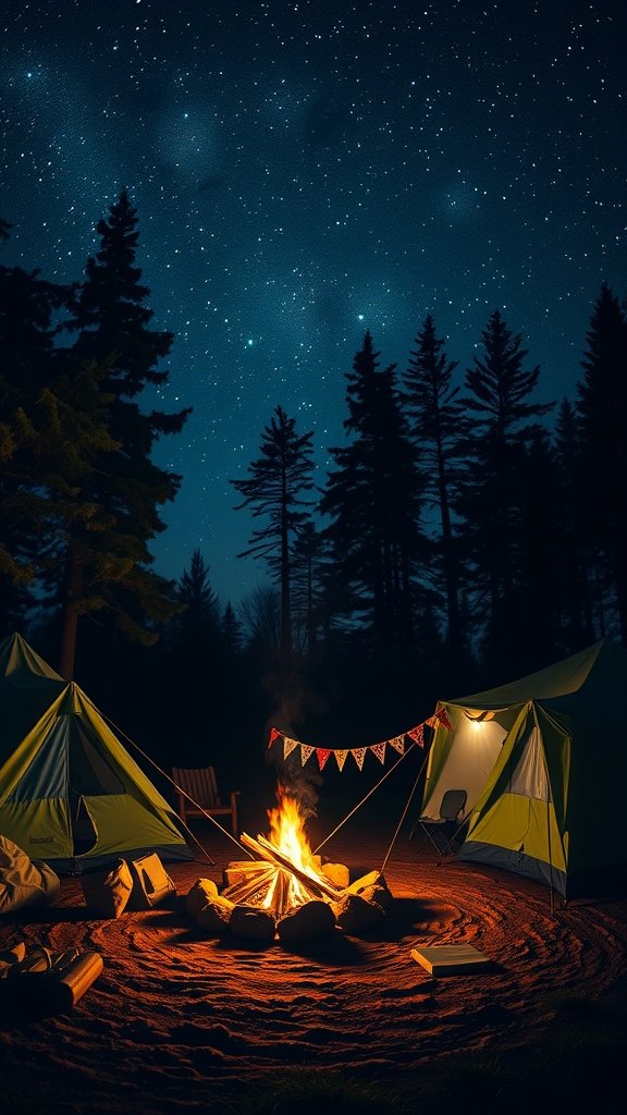 Camping scene with tents and a campfire under a starry night sky.