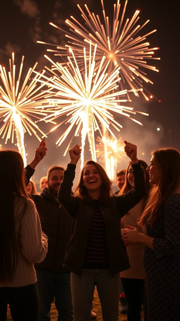 Group of friends celebrating with fireworks in the background