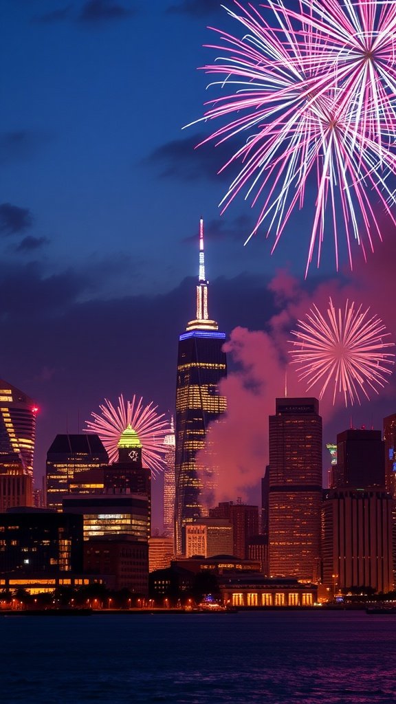 Fireworks over a city skyline on the 4th of July