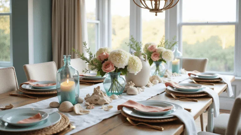 A sun-drenched coastal dining room featuring a weathered oak table adorned with white linen, ocean-blue ceramic plates, coral linen napkins, glass hurricane lanterns, seashells, driftwood, and floral arrangements of hydrangeas and garden roses, all under a vintage brass chandelier.