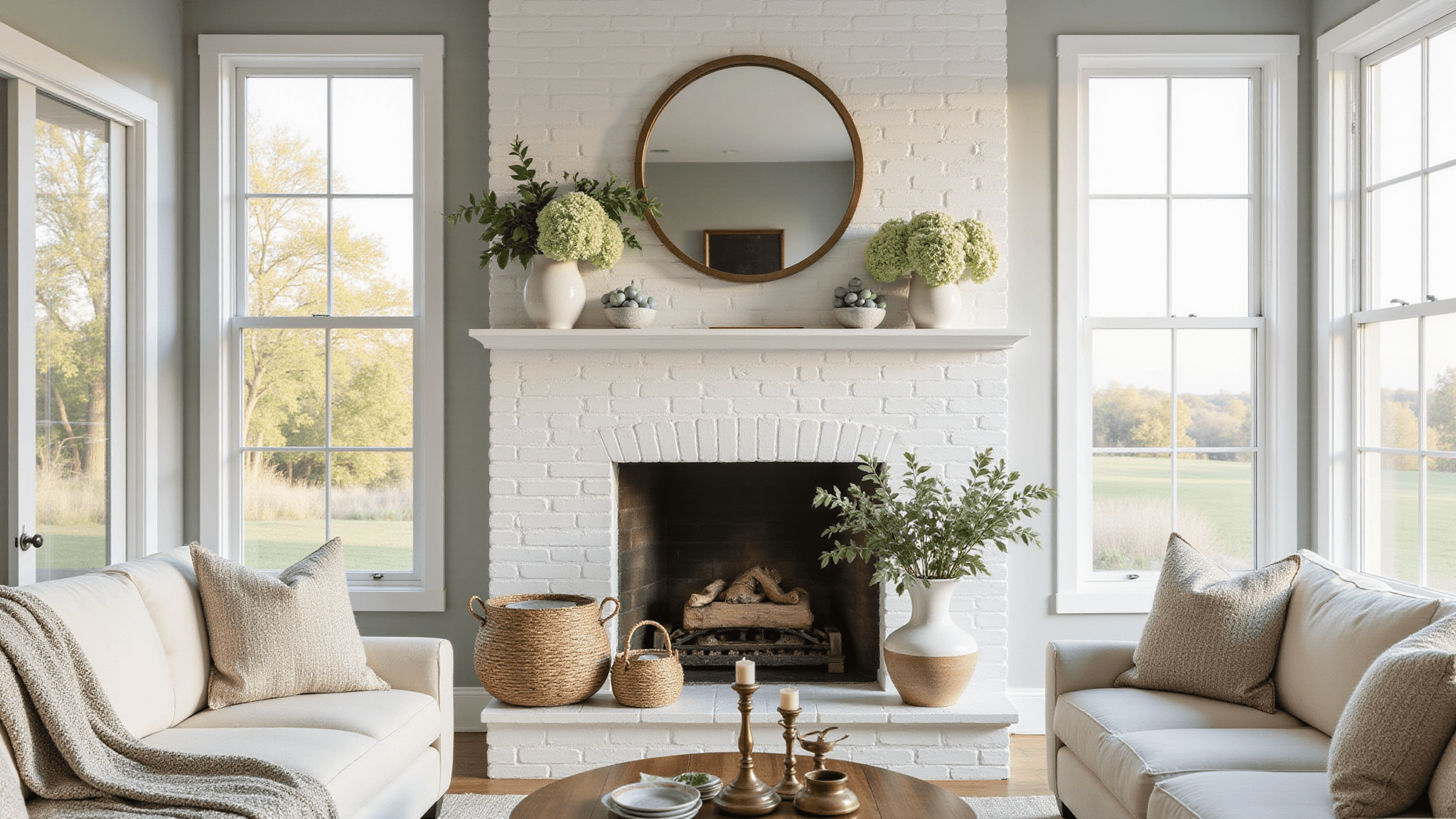 A bright, airy coastal living room featuring a white brick fireplace with a brass-framed mirror, flanked by ceramic vases of hydrangeas and eucalyptus, set in golden hour lighting with natural decor elements.