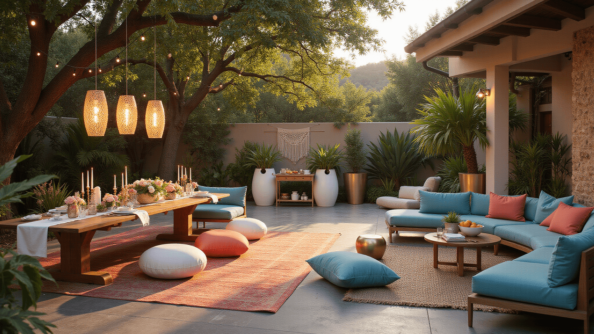 A luxurious outdoor summer party setting at golden hour, featuring a stylish dining area with a farmhouse table, elegant decor, and ambient lighting, surrounded by modern lounge furniture, tropical plants, and warm fairy lights.