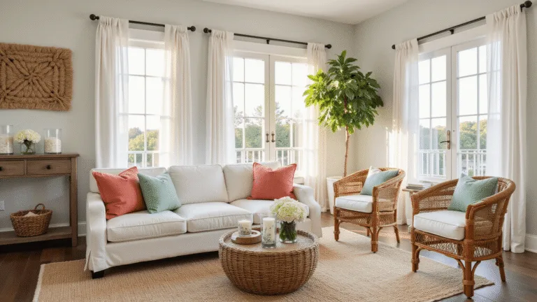 Photorealistic interior of a sunlit coastal living room featuring a white linen sofa with coral and seafoam green pillows, vintage rattan armchairs, a natural seagrass rug, and jute rope wall art, all bathed in golden hour light through floor-to-ceiling bay windows.