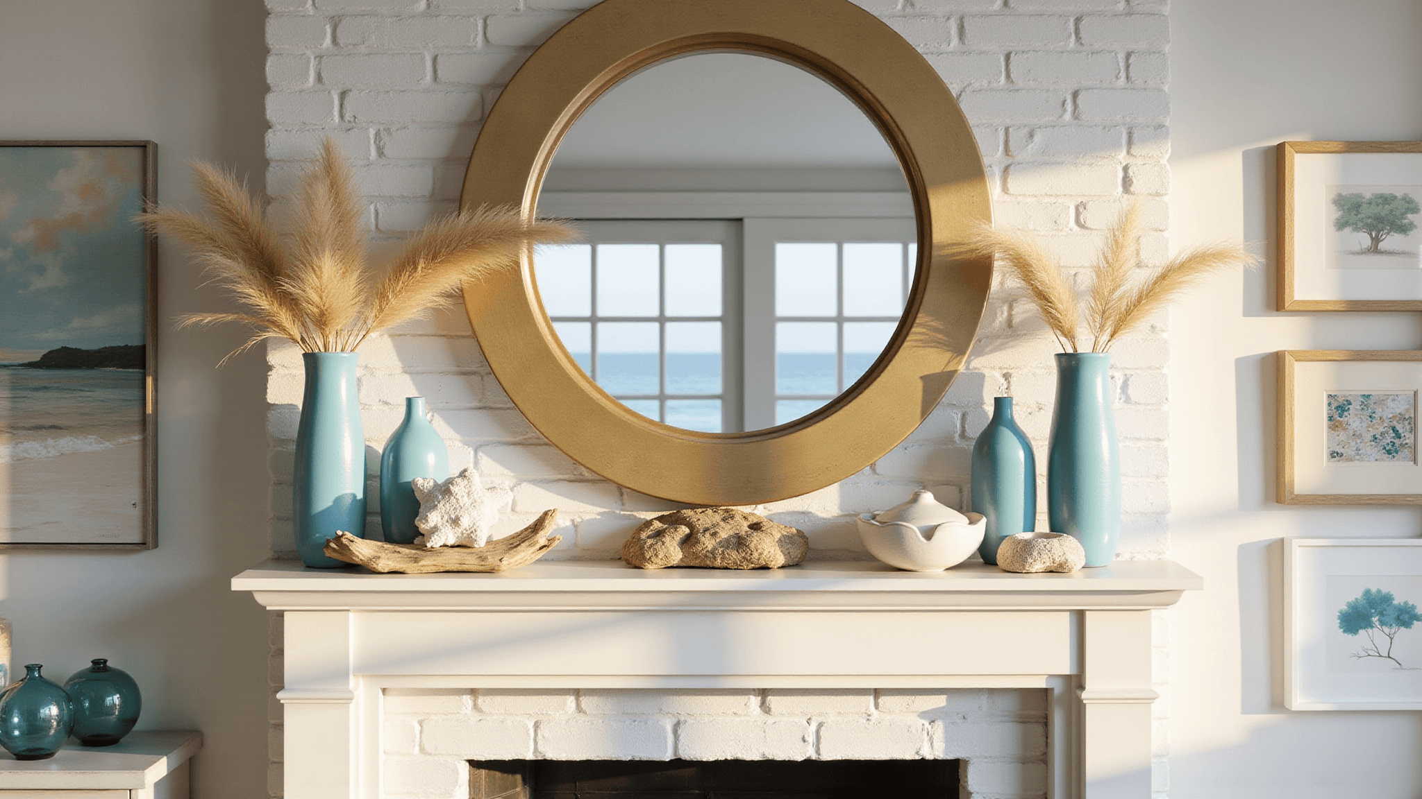 An elegant coastal living room at golden hour, featuring a white limestone fireplace mantle adorned with coral and blue glass vessels, a large brass mirror, and textured decor, captured in soft natural light.