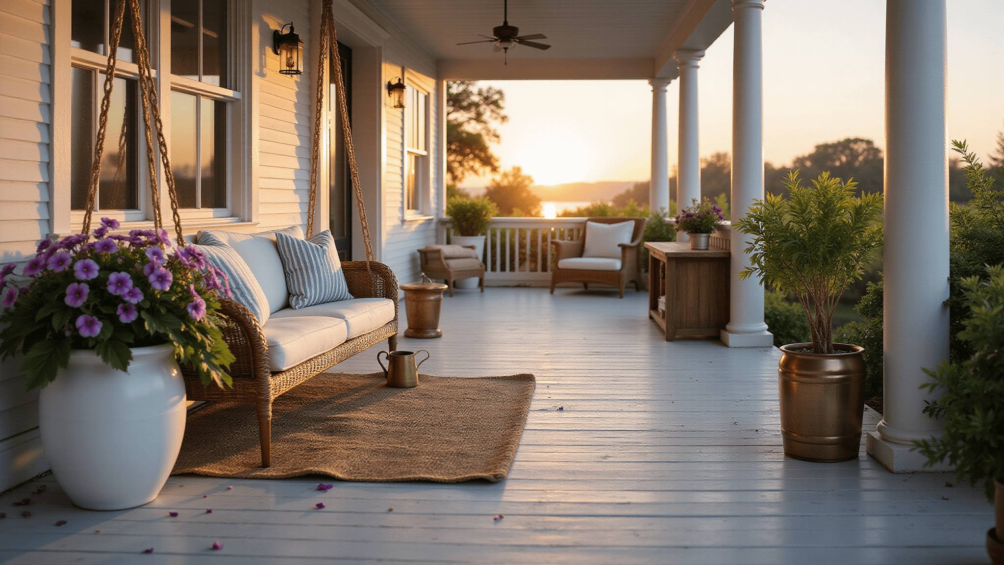 Photorealistic wide shot of a luxurious wraparound porch at sunset, featuring weathered whitewashed floorboards, a vintage rattan swing with blue and white striped cushions, oversized white ceramic planters filled with purple petunias, antique copper lanterns, and macramé plant hangers, all set against craftsman-style columns and white shiplap walls.