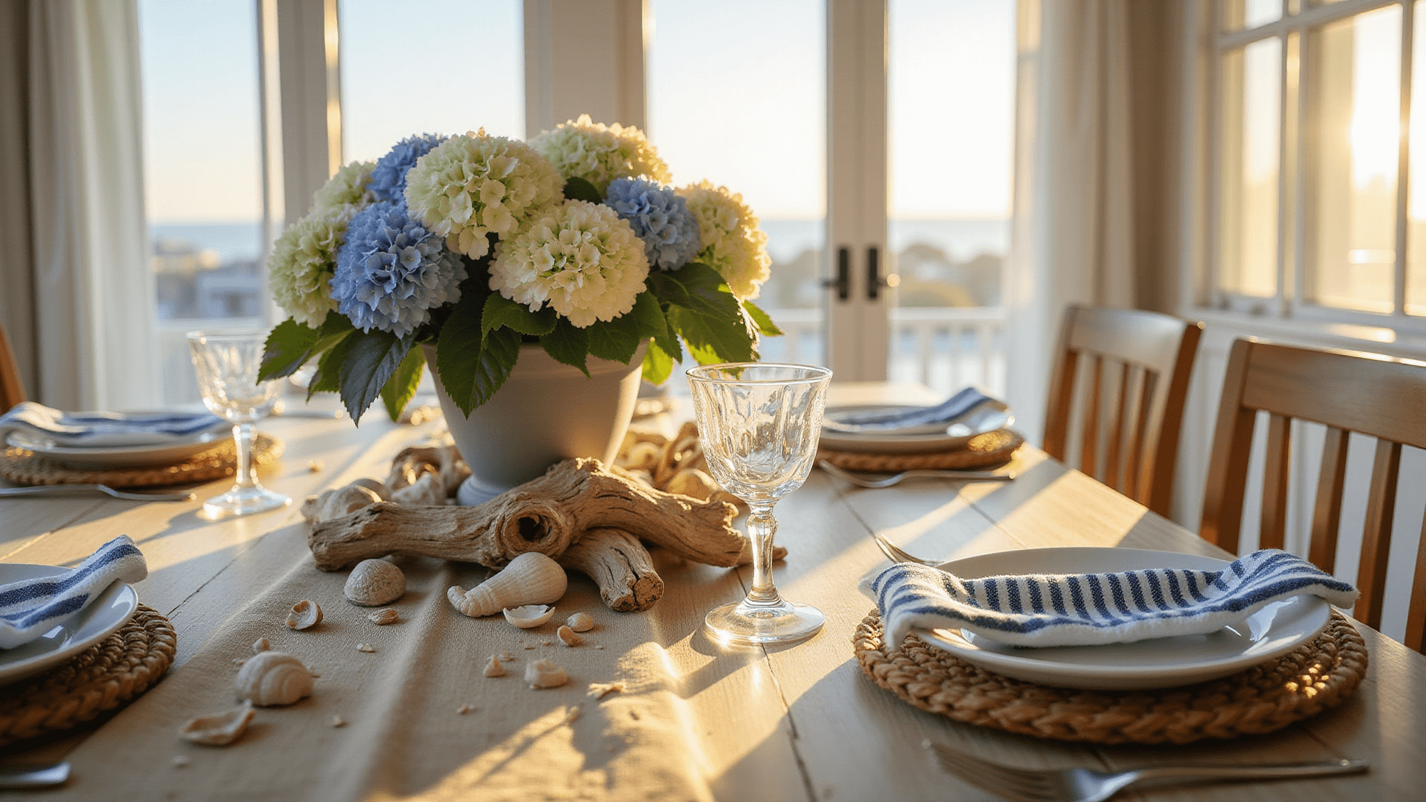 A sunlit coastal dining room at golden hour featuring a weathered teak table with layered place settings, a natural linen runner, white ceramic plates on rattan chargers, a centerpiece of fresh hydrangeas and driftwood, and large windows with sheer curtains.