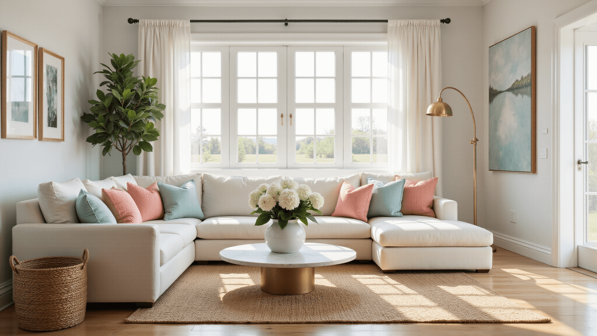A bright and airy coastal living room featuring a cream bouclé sofa with seafoam blue and coral pink pillows, a marble coffee table with white hydrangeas, and a fiddle leaf fig in a basket, all illuminated by natural light through sheer curtains.