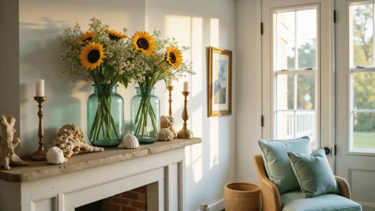 A sunlit coastal living room featuring a grand limestone fireplace mantel adorned with oversized glass vases of sunflowers, vintage brass candlesticks, and coral specimens, with natural light streaming through floor-to-ceiling windows, warm color tones, and layered decorative elements.