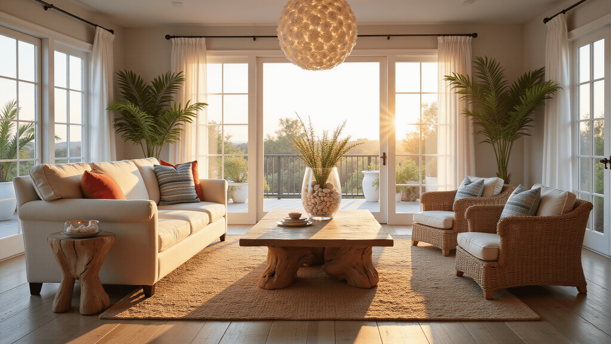 A luxurious coastal living room during golden hour featuring an L-shaped ivory linen sofa, textured throw pillows, rattan accent chairs, a driftwood coffee table, and floor-to-ceiling windows with sheer curtains, illuminated by warm sunset light and decorated with tropical plants and a capiz shell chandelier.