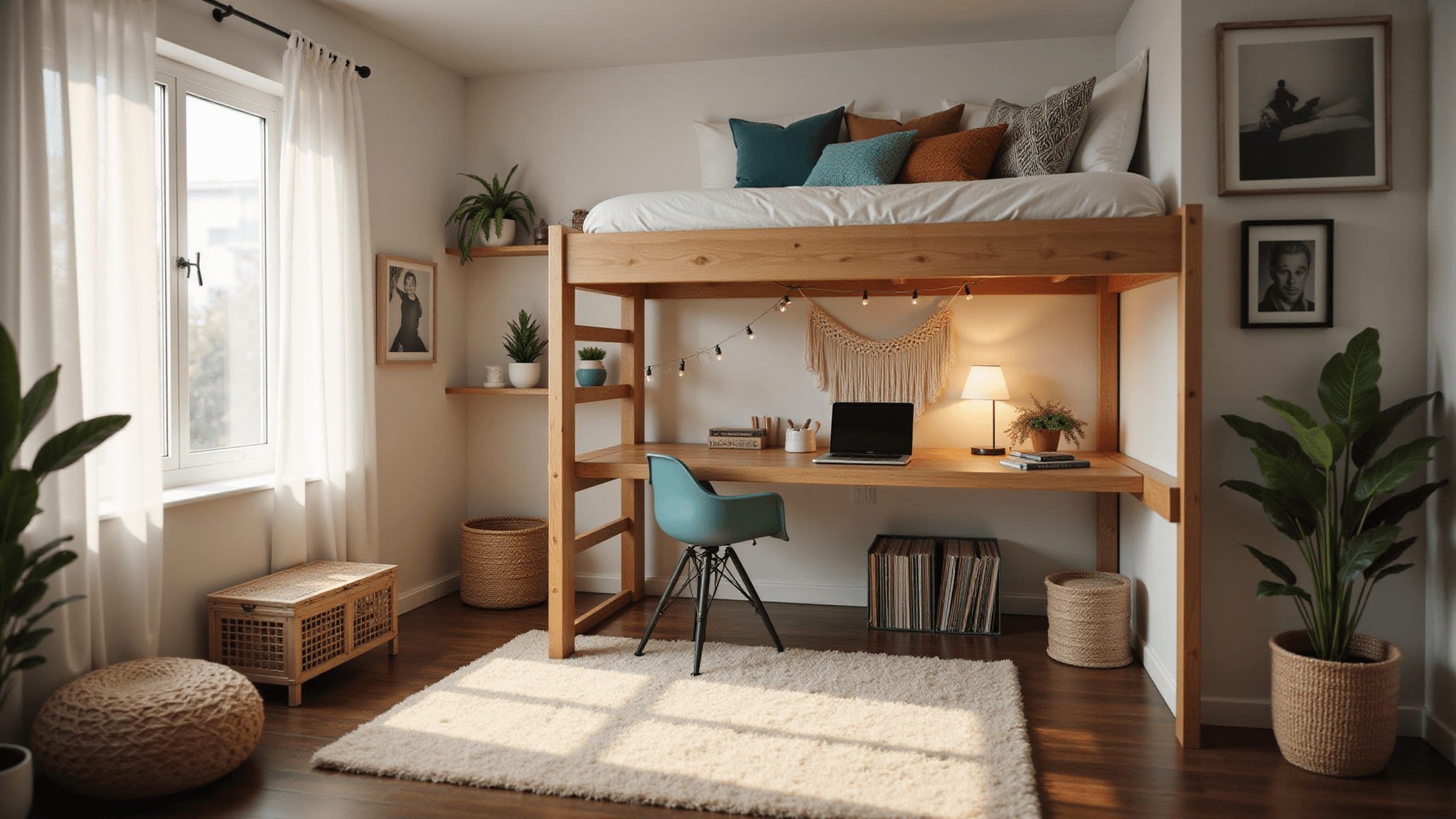 A cozy modern dorm room drenched in warm afternoon sunlight, featuring a lofted bed with white linens and earthy throw pillows, a sleek wooden desk, vinyl record storage, and a reading nook, all set against a backdrop of soft-focused, ambient lighting.