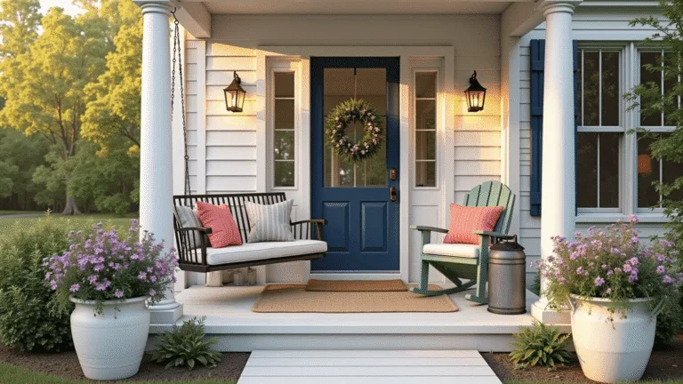A photorealistic golden hour image of a charming farmhouse porch featuring a vintage swing, rocking chairs, and vibrant planters, illuminated by warm ambient lighting and dappled sunlight through maple trees.