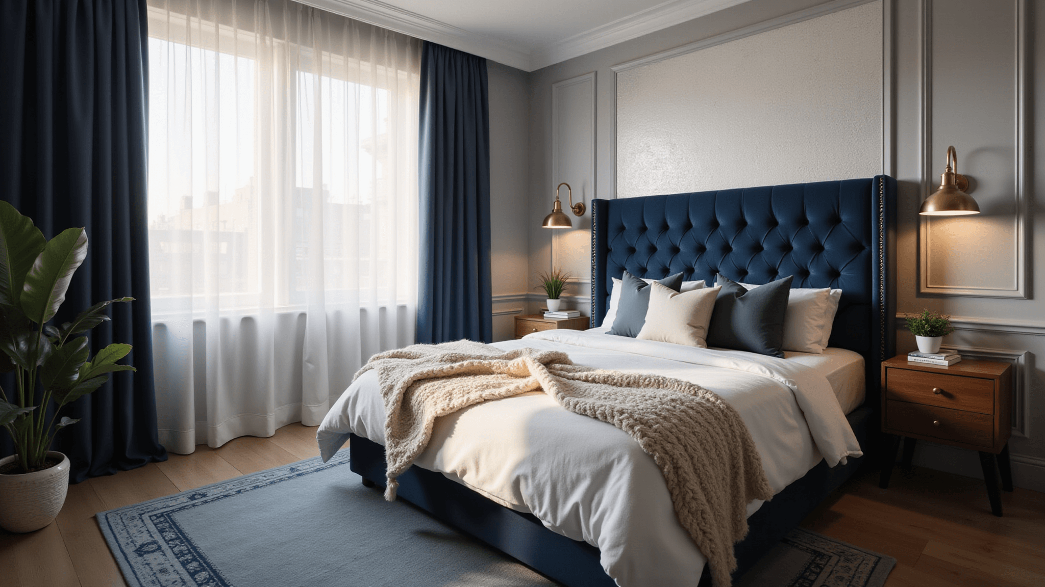 A luxurious small bedroom featuring a navy velvet tufted headboard, white linen duvet, silk pillows, modern brass sconces, and a vintage-inspired blue rug, all bathed in warm golden hour light.