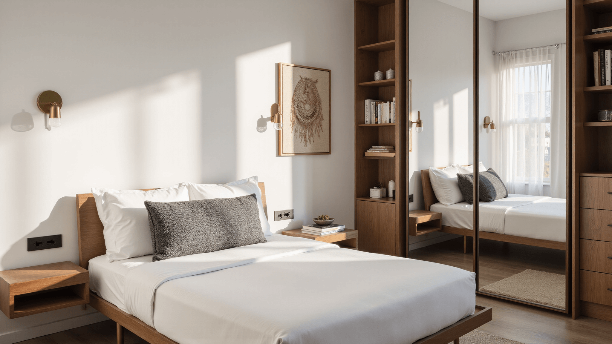 A cozy, minimal small bedroom featuring a queen-sized platform bed, brass wall sconces, floating walnut nightstands, and warm wood built-ins, illuminated by ethereal morning light filtering through sheer curtains.