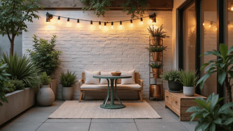 Photorealistic wide-angle view of a cozy urban patio at golden hour, featuring a matte sage green bistro set, warm ambient lighting from string lights, cascading potted plants, a weathered teak storage bench with cream cushions, and light limestone pavers, creating an intimate and inviting garden atmosphere.