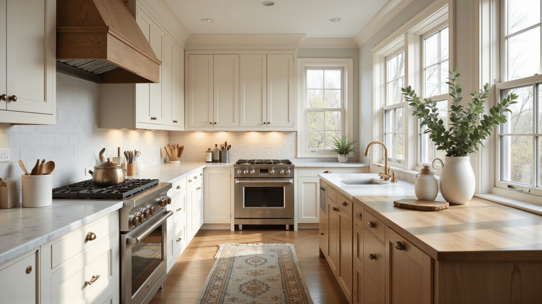 Photorealistic wide-angle shot of a luxurious transitional kitchen featuring cream shaker cabinets, Carrara marble countertops, a weathered oak island, and warm morning light illuminating the space. The image highlights antique brass hardware, white ceramic vases with eucalyptus, a vintage Persian runner, and professional-grade appliances, all in an architectural photography style with depth of field.