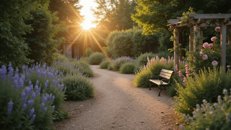 A photorealistic wide-angle shot of a dreamy cottage garden at sunset, featuring winding gravel paths, blooming David Austin roses, and layered flower beds with delphiniums, foxgloves, and lavender, alongside a vintage wrought iron bench, all bathed in warm golden light with soft bokeh effects.
