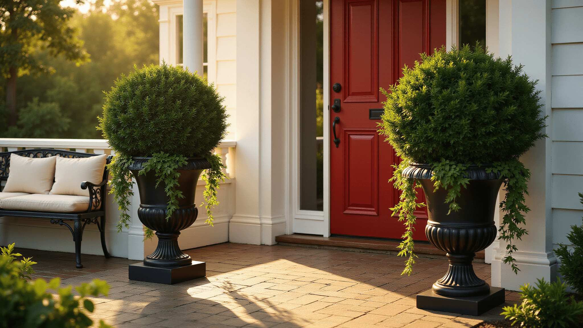 Photorealistic image of a grand entrance featuring a glossy red front door, flanked by black urns with manicured waxleaf privet topiaries, cascading greenery, and a weathered wood porch, captured during golden hour with warm lighting and a shallow depth of field.