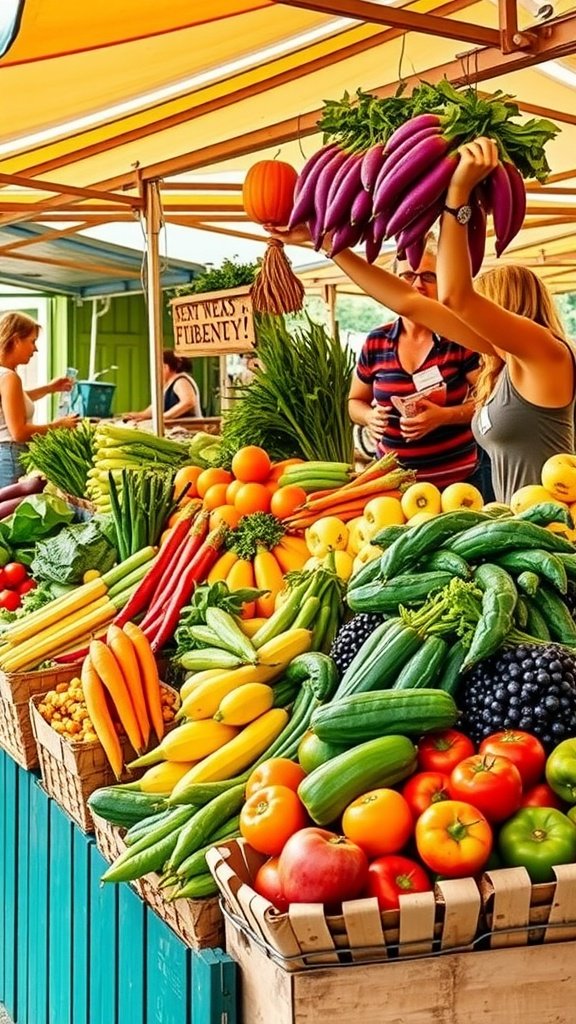 Colorful display of fruits and vegetables at a farmers market