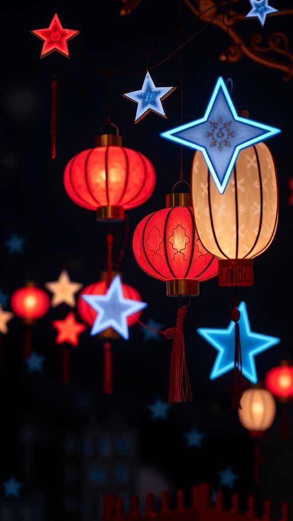 Colorful lanterns and stars lit up for a festive 4th of July decoration.
