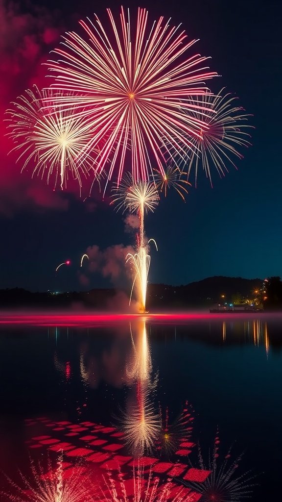 Fireworks bursting over a lake at night with reflections in the water.