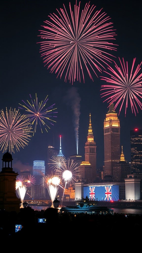 Fireworks exploding over historic city skyline during a celebration.