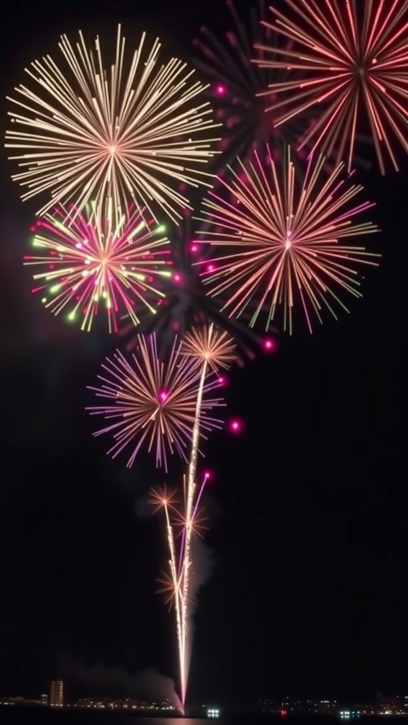 Colorful fireworks exploding in a night sky.
