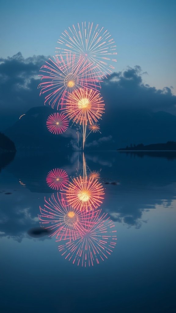 Fireworks bursting in the sky with reflections on calm water.