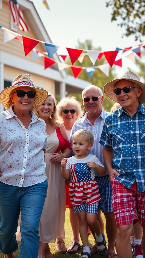 A cheerful family gathering for a 4th of July celebration with decorations and festive outfits.