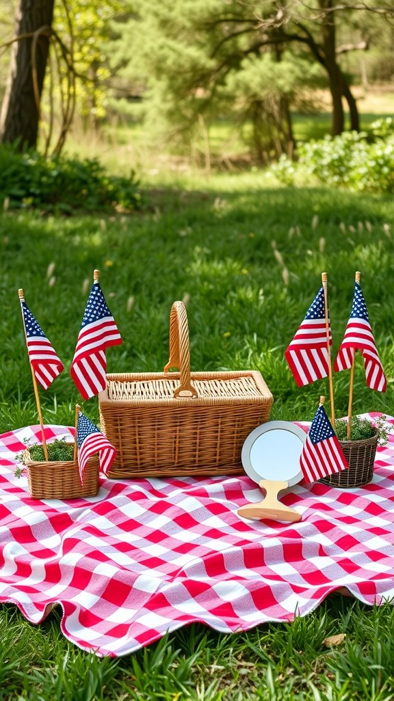 A picnic scene with a checkered blanket, picnic basket, and small American flags.