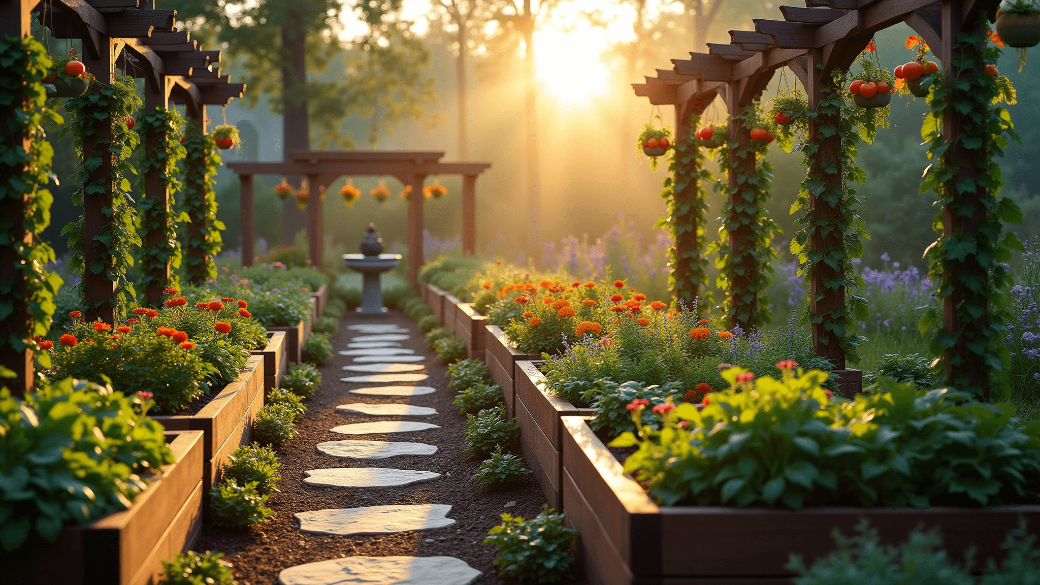 Photorealistic wide-angle shot of a front yard vegetable garden at sunrise, featuring raised cedar beds with vibrant vegetables, climbing trellises, a rustic wooden arbor, and decorative elements like a birdbath, all illuminated by warm golden light and morning mist.