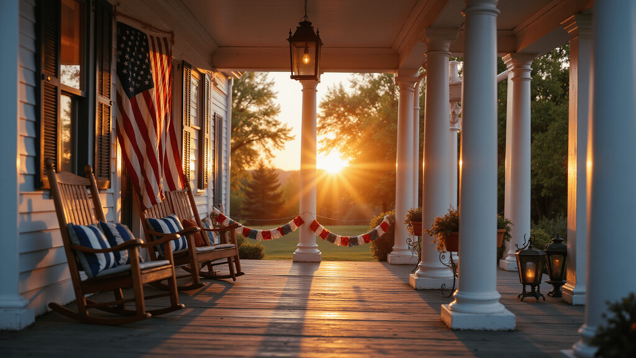 A grand colonial porch at sunset with an oversized American flag, rocking chairs, bunting, lanterns, and twinkling string lights, creating a warm, patriotic ambiance.