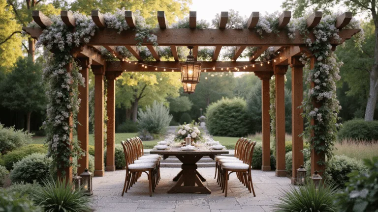 A cinematic golden hour photograph of a grand wooden pergola adorned with flowering wisteria and climbing roses, featuring a rustic farmhouse table set for dining, surrounded by a beautifully landscaped backyard filled with hydrangeas and ornamental grasses.